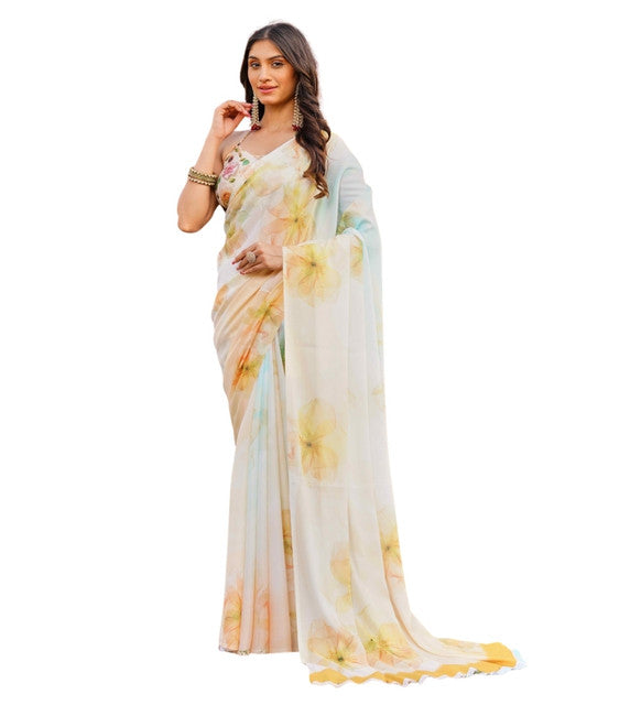 Women's Georgette Floral Printed Saree With Unstitched Blouse 5.5 Mtr (Off White-Yellow)