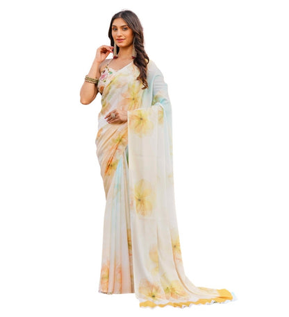 Women's Georgette Floral Printed Saree With Unstitched Blouse 5.5 Mtr (Off White-Yellow)