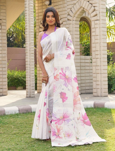 Women's Georgette Floral Printed Saree With Unstitched Blouse 5.5 Mtr (White-Pink)