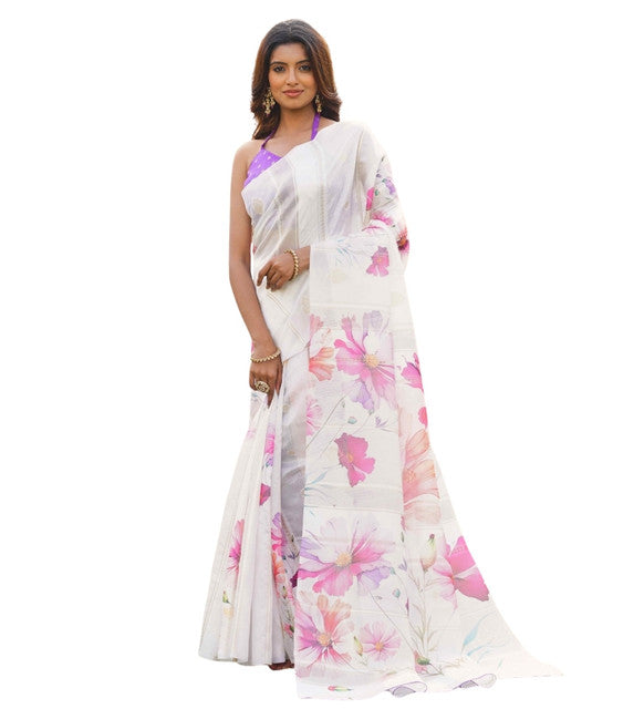 Women's Georgette Floral Printed Saree With Unstitched Blouse 5.5 Mtr (White-Pink)