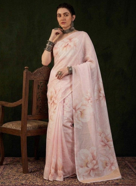 Women's Georgette Floral Printed Saree With Unstitched Blouse 5.5 Mtr (Cream)