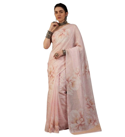 Women's Georgette Floral Printed Saree With Unstitched Blouse 5.5 Mtr (Cream)
