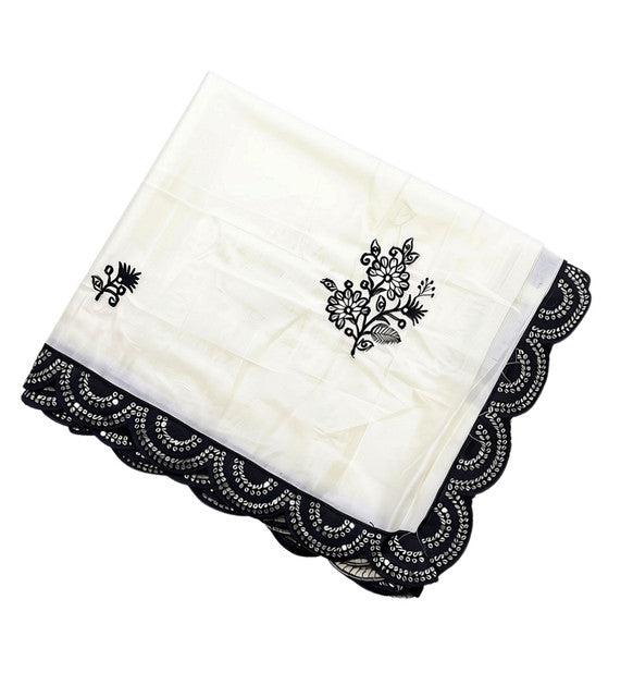 Women's Georgette Embroidered Saree With Unstitched Blouse 5.5 Mtr (White-Black)