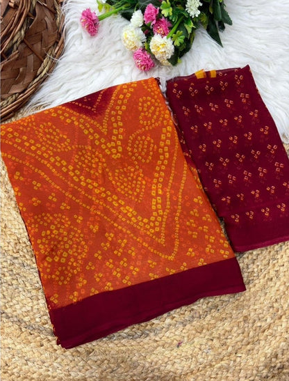 Women's Georgette Bandhani Printed Saree With Unstitched Blouse 5.5 Mtr (Orange-Maroon)
