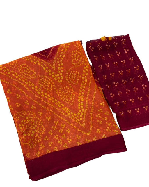 Women's Georgette Bandhani Printed Saree With Unstitched Blouse 5.5 Mtr (Orange-Maroon)