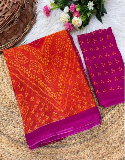Women's Georgette Bandhani Printed Saree With Unstitched Blouse 5.5 Mtr (Orange-Magenta)