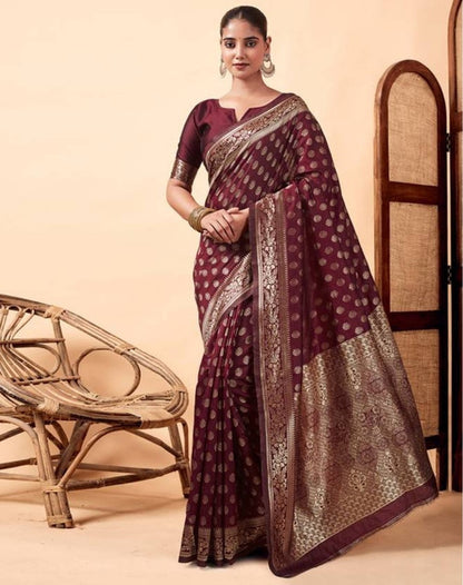 Women's Jacquard Printed Saree With Unstitched Blouse 5.5 Mtr (Maroon)