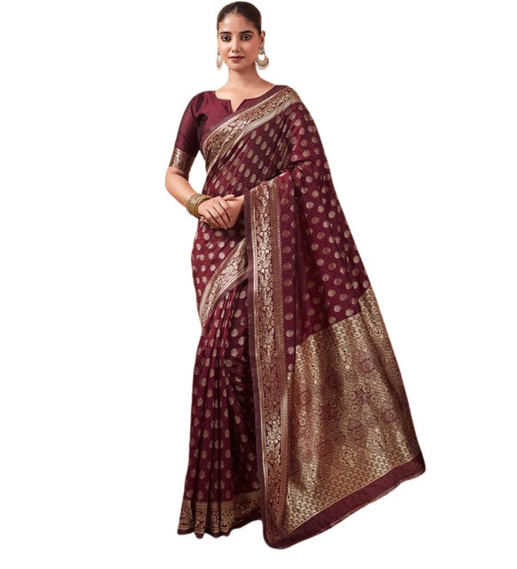 Women's Jacquard Printed Saree With Unstitched Blouse 5.5 Mtr (Maroon)