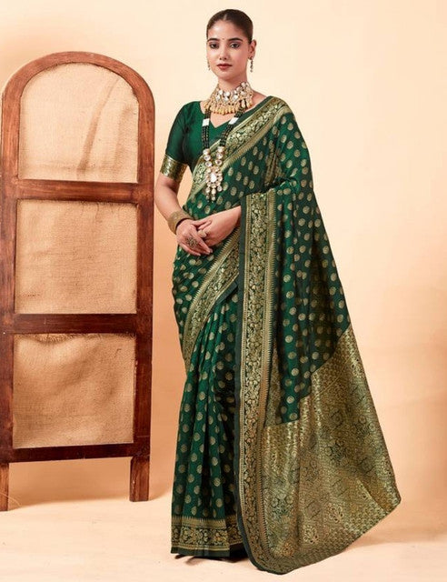 Women's Jacquard Printed Saree With Unstitched Blouse 5.5 Mtr (Bottle Green)