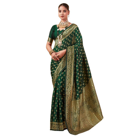 Women's Jacquard Printed Saree With Unstitched Blouse 5.5 Mtr (Bottle Green)