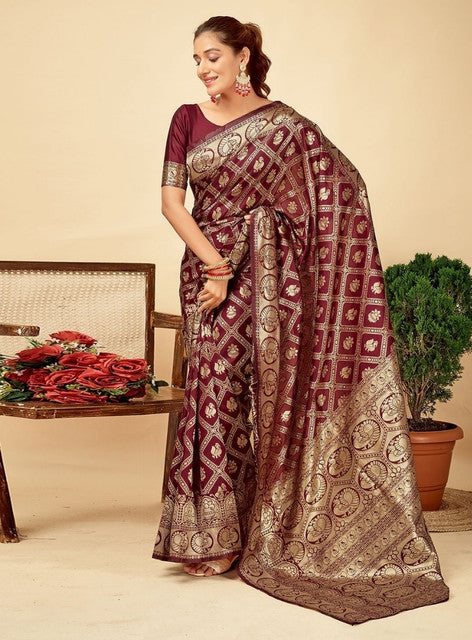 Women's Jacquard Printed Saree With Unstitched Blouse 5.5 Mtr (Maroon)