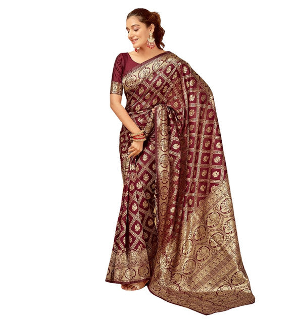 Women's Jacquard Printed Saree With Unstitched Blouse 5.5 Mtr (Maroon)