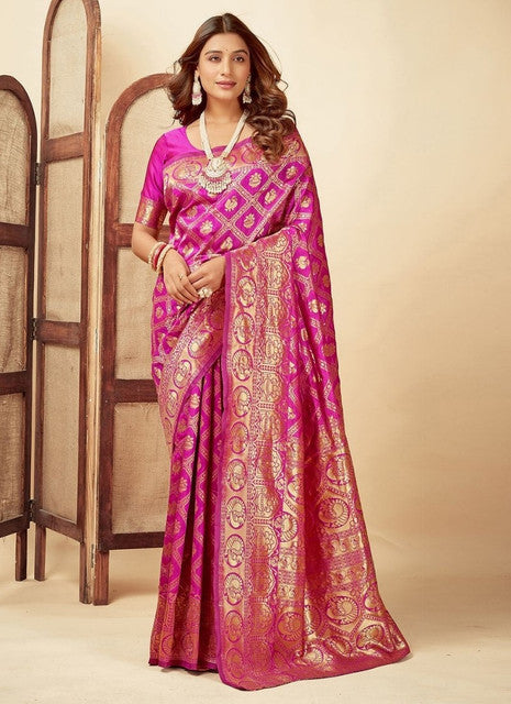 Women's Jacquard Printed Saree With Unstitched Blouse 5.5 Mtr (Pink)