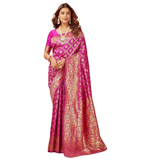 Women's Jacquard Printed Saree With Unstitched Blouse 5.5 Mtr (Pink)