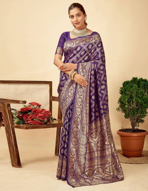 Women's Jacquard Printed Saree With Unstitched Blouse 5.5 Mtr (Purple)