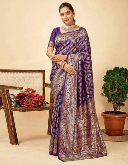 Women's Jacquard Printed Saree With Unstitched Blouse 5.5 Mtr (Purple)