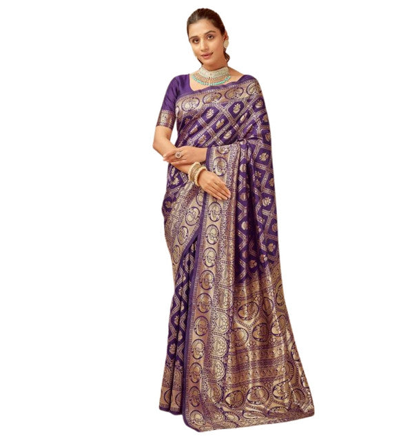 Women's Jacquard Printed Saree With Unstitched Blouse 5.5 Mtr (Purple)