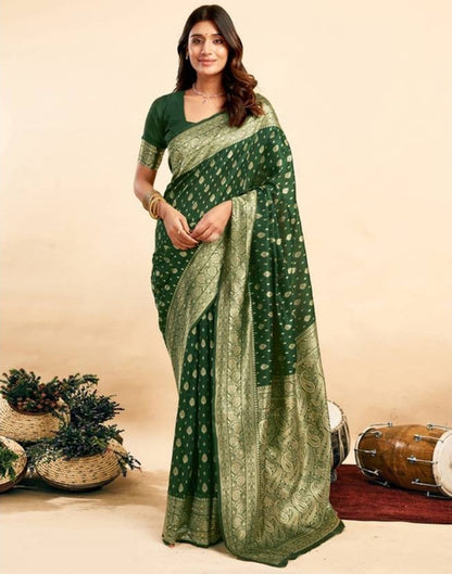 Women's Jacquard Printed Saree With Unstitched Blouse 5.5 Mtr (Bottle Green)