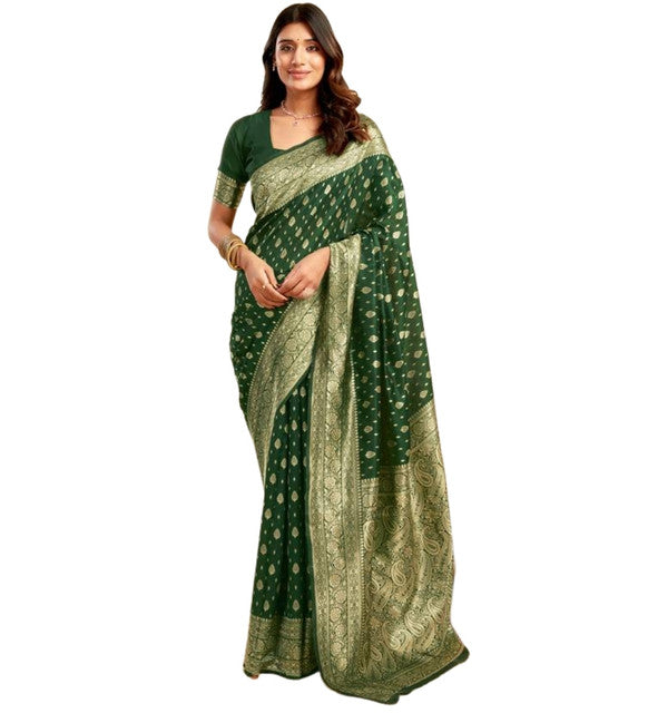Women's Jacquard Printed Saree With Unstitched Blouse 5.5 Mtr (Bottle Green)