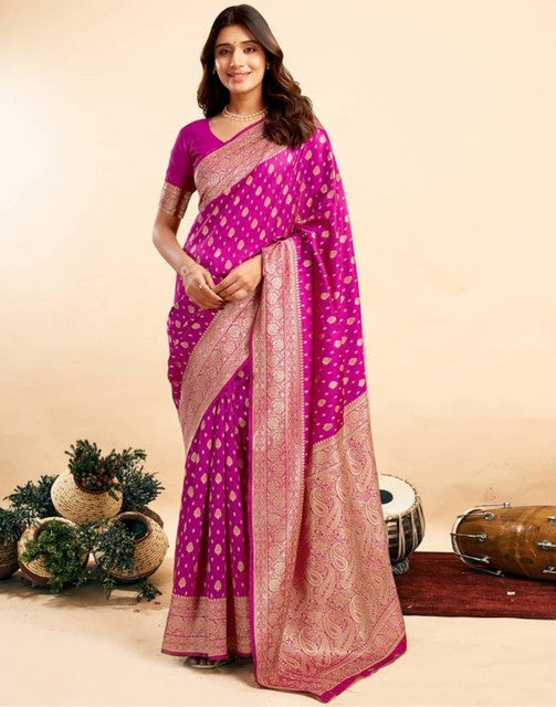 Women's Jacquard Printed Saree With Unstitched Blouse 5.5 Mtr (Pink)