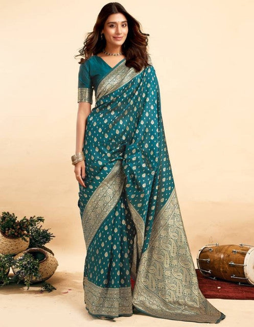 Women's Jacquard Printed Saree With Unstitched Blouse 5.5 Mtr (Teal)