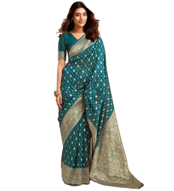 Women's Jacquard Printed Saree With Unstitched Blouse 5.5 Mtr (Teal)