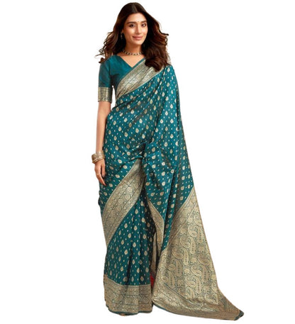 Women's Jacquard Printed Saree With Unstitched Blouse 5.5 Mtr (Teal)