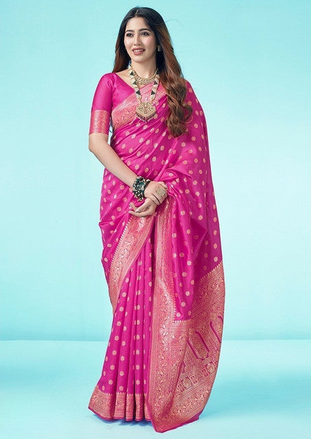 Women's Jacquard Printed Saree With Unstitched Blouse 5.5 Mtr (Pink)