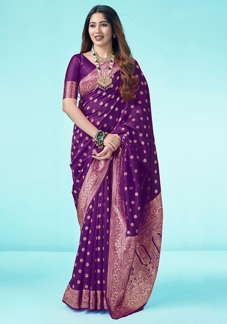 Women's Jacquard Printed Saree With Unstitched Blouse 5.5 Mtr (Purple)