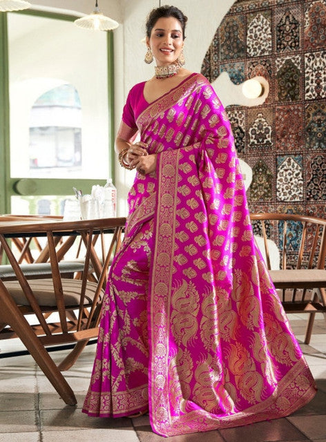 Women's Jacquard Printed Saree With Unstitched Blouse 5.5 Mtr (Pink)