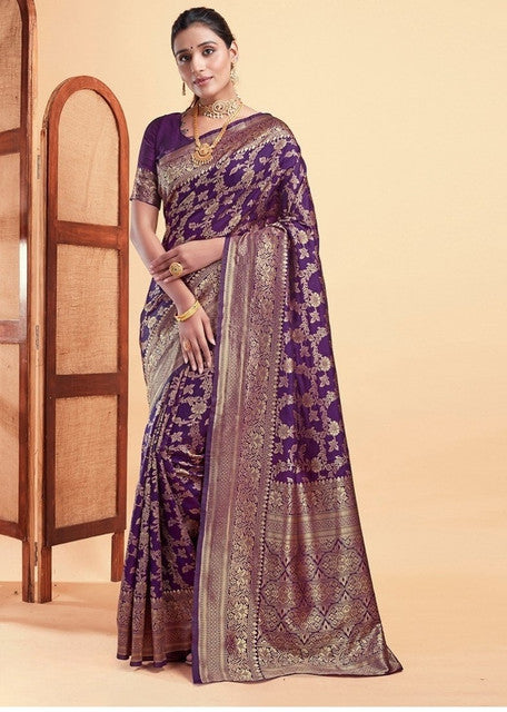 Women's Jacquard Printed Saree With Unstitched Blouse 5.5 Mtr (Purple)