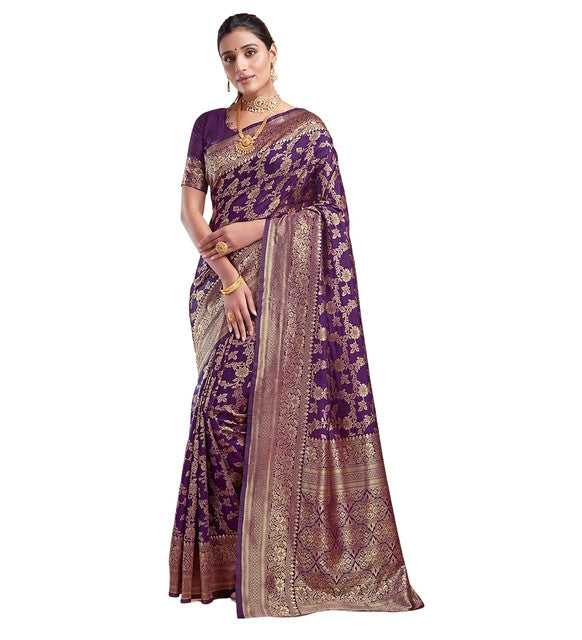 Women's Jacquard Printed Saree With Unstitched Blouse 5.5 Mtr (Purple)
