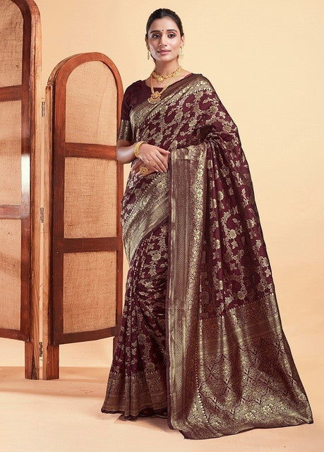 Women's Jacquard Printed Saree With Unstitched Blouse 5.5 Mtr (Maroon)