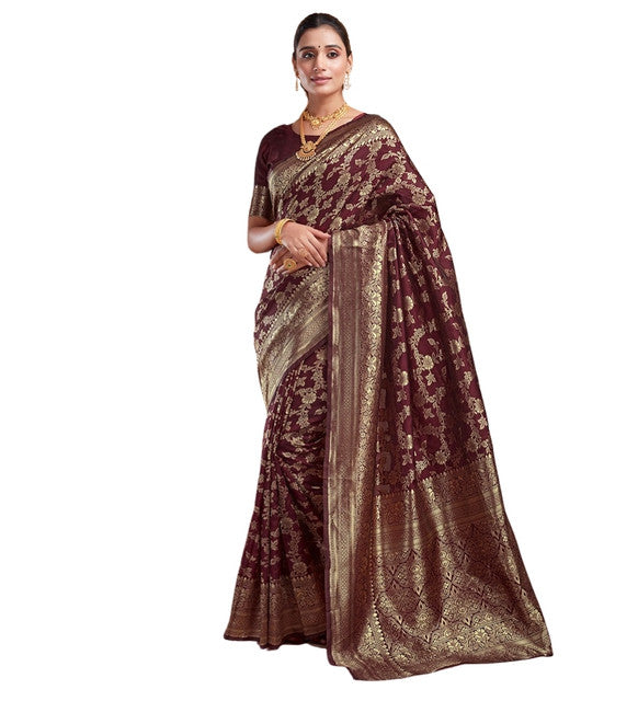 Women's Jacquard Printed Saree With Unstitched Blouse 5.5 Mtr (Maroon)