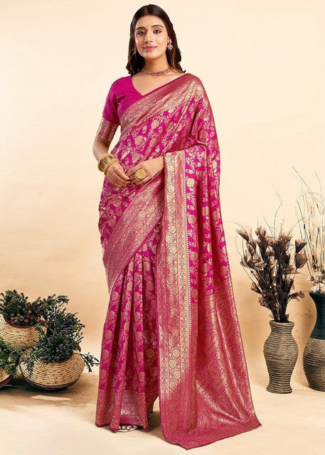 Women's Jacquard Printed Saree With Unstitched Blouse 5.5 Mtr (Pink)