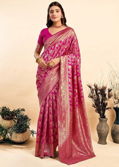Women's Jacquard Printed Saree With Unstitched Blouse 5.5 Mtr (Pink)