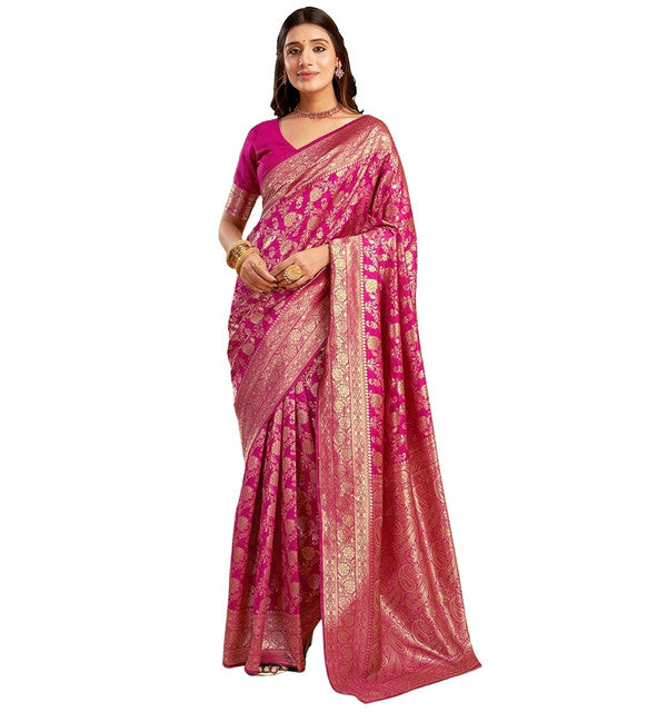 Women's Jacquard Printed Saree With Unstitched Blouse 5.5 Mtr (Pink)