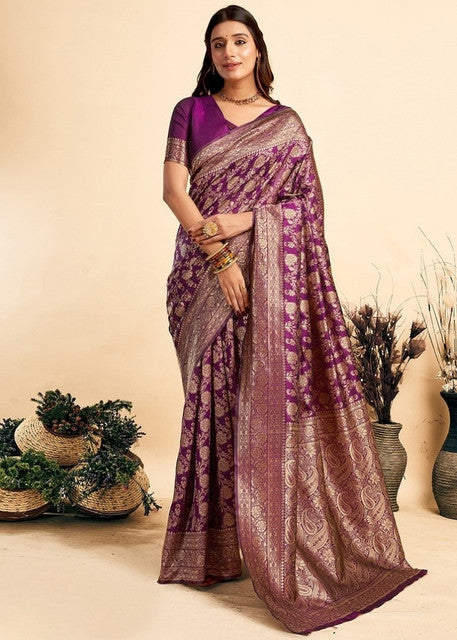 Women's Jacquard Printed Saree With Unstitched Blouse 5.5 Mtr (Purple)