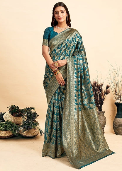 Women's Jacquard Printed Saree With Unstitched Blouse 5.5 Mtr (Teal)
