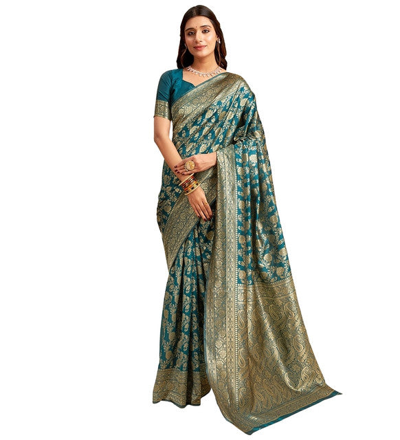 Women's Jacquard Printed Saree With Unstitched Blouse 5.5 Mtr (Teal)