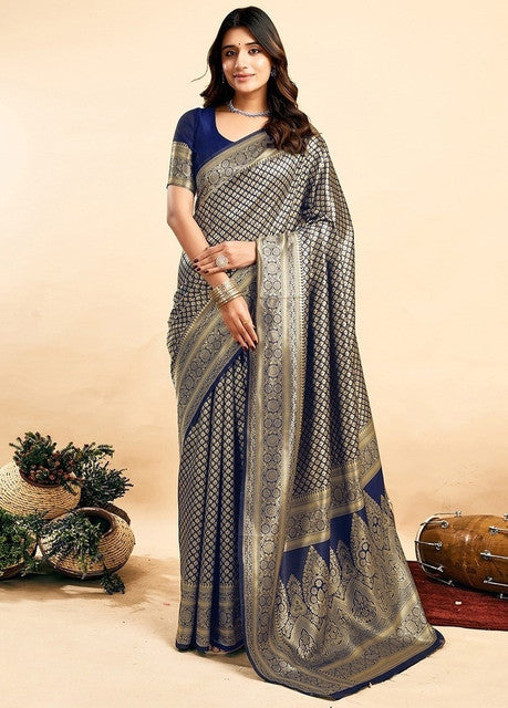 Women's Jacquard Printed Saree With Unstitched Blouse 5.5 Mtr (Navy Blue)