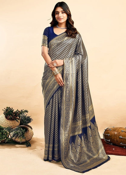 Women's Jacquard Printed Saree With Unstitched Blouse 5.5 Mtr (Navy Blue)