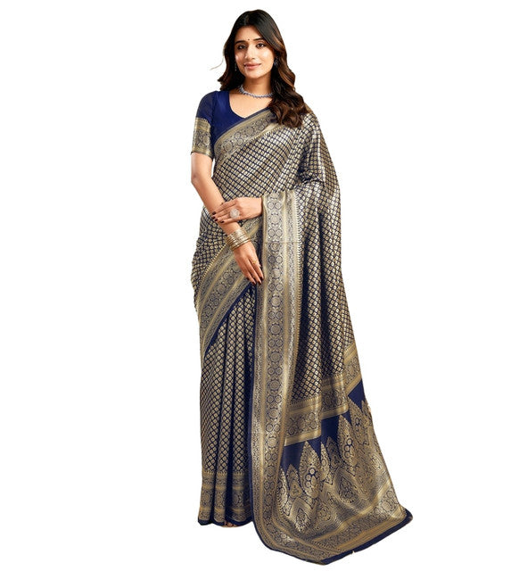 Women's Jacquard Printed Saree With Unstitched Blouse 5.5 Mtr (Navy Blue)