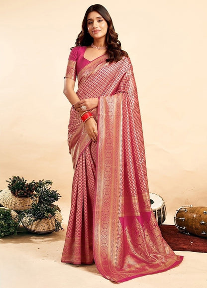 Women's Jacquard Printed Saree With Unstitched Blouse 5.5 Mtr (Pink)