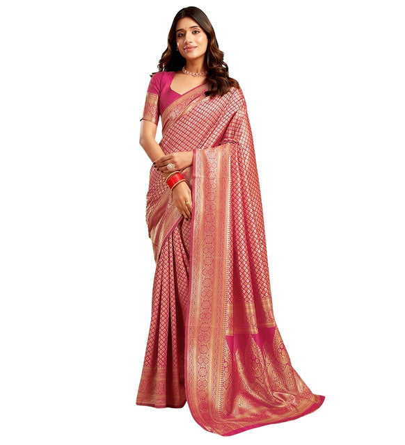 Women's Jacquard Printed Saree With Unstitched Blouse 5.5 Mtr (Pink)