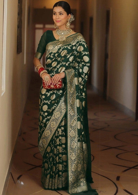 Women's Jacquard Printed Saree With Unstitched Blouse 5.5 Mtr (Bottle Green)