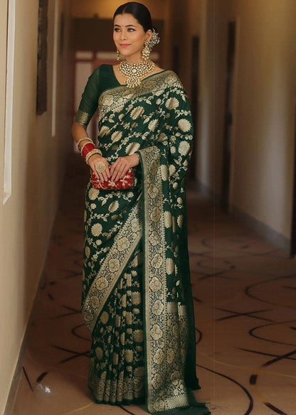 Women's Jacquard Printed Saree With Unstitched Blouse 5.5 Mtr (Bottle Green)