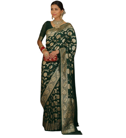 Women's Jacquard Printed Saree With Unstitched Blouse 5.5 Mtr (Bottle Green)