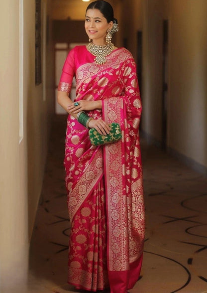 Women's Jacquard Printed Saree With Unstitched Blouse 5.5 Mtr (Pink)