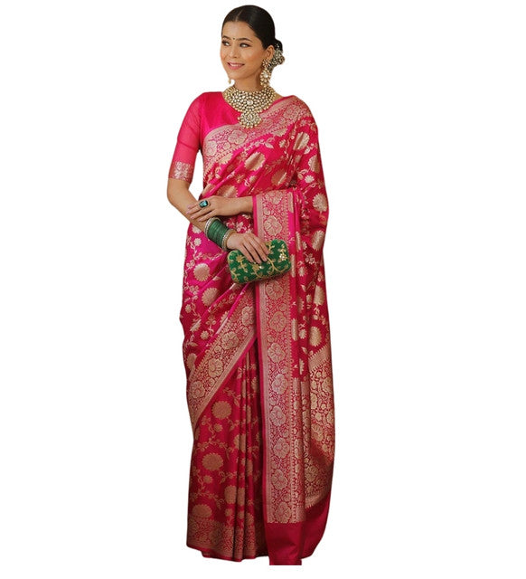 Women's Jacquard Printed Saree With Unstitched Blouse 5.5 Mtr (Pink)